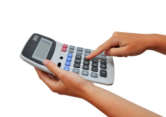 Hand holding calculator isolated on transparent background, PNG. - obrazy, fototapety, plakaty