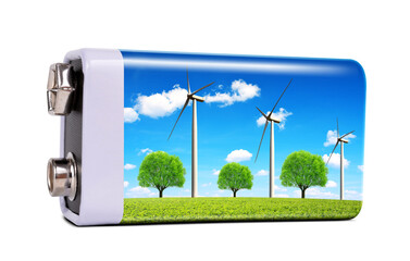 Battery with wind turbines isolated on transparent background, PNG. The concept of sustainable resources.
