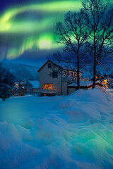 Green northern lights over rural county house of northern Norway