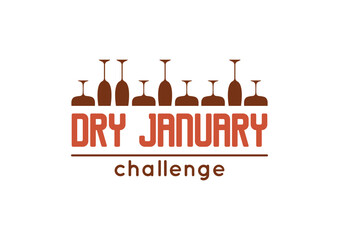 Dry January challenge graphic print with overturned wine glasses border and text. Vector illustration for banner, poster. Alcohol free month.