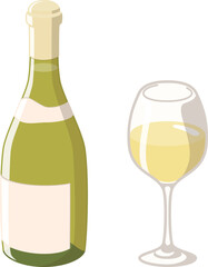 白ワインボトルとグラス（ブルゴーニュ型）