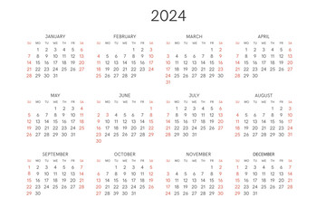 Calendar template 2024 horizontal.Week starts sunday.Vector template. Regular font