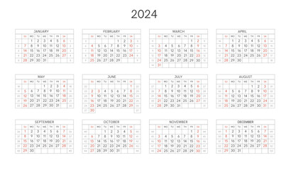 Calendar template 2024 horizontal.Week starts sunday.Vector template. Regular font - 559060002