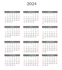 Calendar template 2024 with gird vertical. Week starts sunday.Vector template. Regular font - 559060008