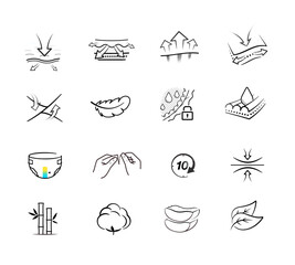 Set of icons for the absorbent material. Vector illustration on white background. Perfect for pads, baby and adult diapers, tissues, napkins and etc. EPS10.