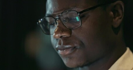 Cybersecurity, hacker face or cyber black man at night in zoom working with networking or programming. Software, computer or glasses reflection online code, data analytics or data analysis with tech.