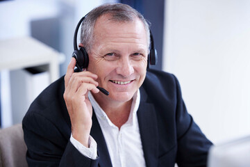 Call center, portrait and businessman smile for telemarketing, virtual communication or digital...