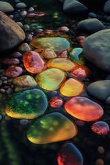 Fototapeta na wymiar Colorful color, Beautiful transparent stone in a mountain stream, closeup, wallpaper, background 