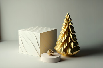 a picture of a Christmas tree and a present box for the holidays, Mock up podium for product demonstration, geometric backdrop, abstract minimalism. Generative AI