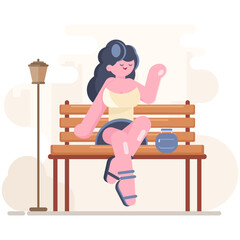 illustration of a woman, girl sit on the bench and enjoy lifestyle and healthcare concept