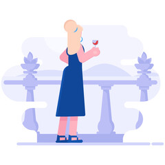 vector illustration of woman, girl with drinks wine lifestyle concept