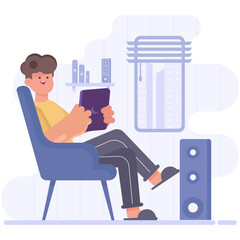 vector illustration of a man working on a tablet, laptop 
healthcare and technology concept