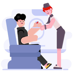 illustration of a passenger and a flight attendant giving him a drink, travel concept