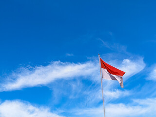 The Merah Putih Flag. View from below. Indonesian flag consist of red and white color symbolizing the color of blood and bone of its people