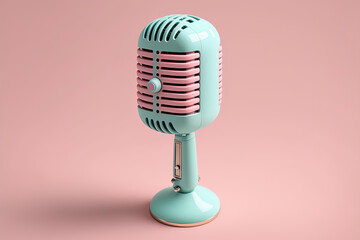 Fototapeta na wymiar Retro microphone in adorable pink, isolated on a light blue backdrop. minimal fashion. Generative AI