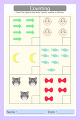 Worksheet matching objects to the numerals. count the objects and write correct number in the box. Learning materials for preschool kids. Logical game for kindergarten.