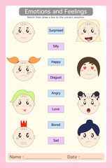 Worksheet emotions and feelings. match then draw a line to the correct emotion picture. educational worksheets for preschool kids. Logical game for kindergarten.