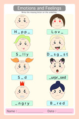 Worksheet emotions and feelings. write the missing letter on the underlinee. educational worksheets for preschool kids. Logical game for kindergarten.