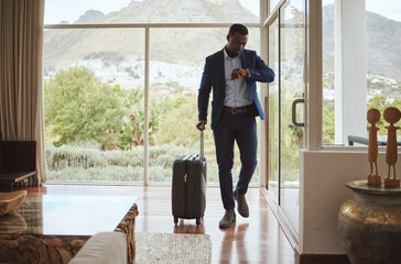 Travel, business and black man reading time, notification check and watch with luggage at a hotel....