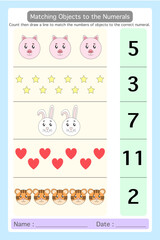 Worksheet matching objects to the numerals. count then draw a line to match the numbers objects to the correct numeral. learning materials for kindergarten.