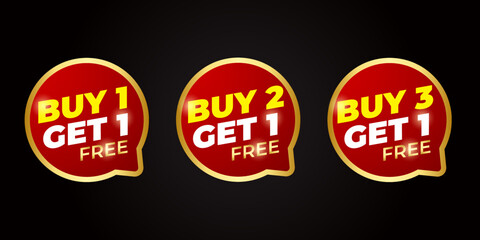 Special promo product label vector illustration, buy 1 get 1 free, buy 2 get 1 free, and buy 3 get 1 free set of sale banner