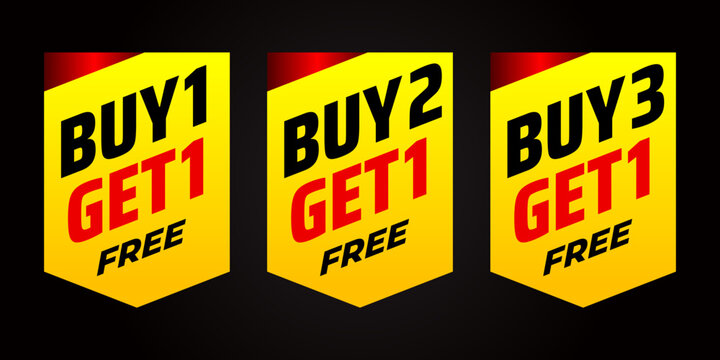 Special promo product label vector illustration, buy 1 get 1 free, buy 2 get 1 free, and buy 3 get 1 free set of sale banner