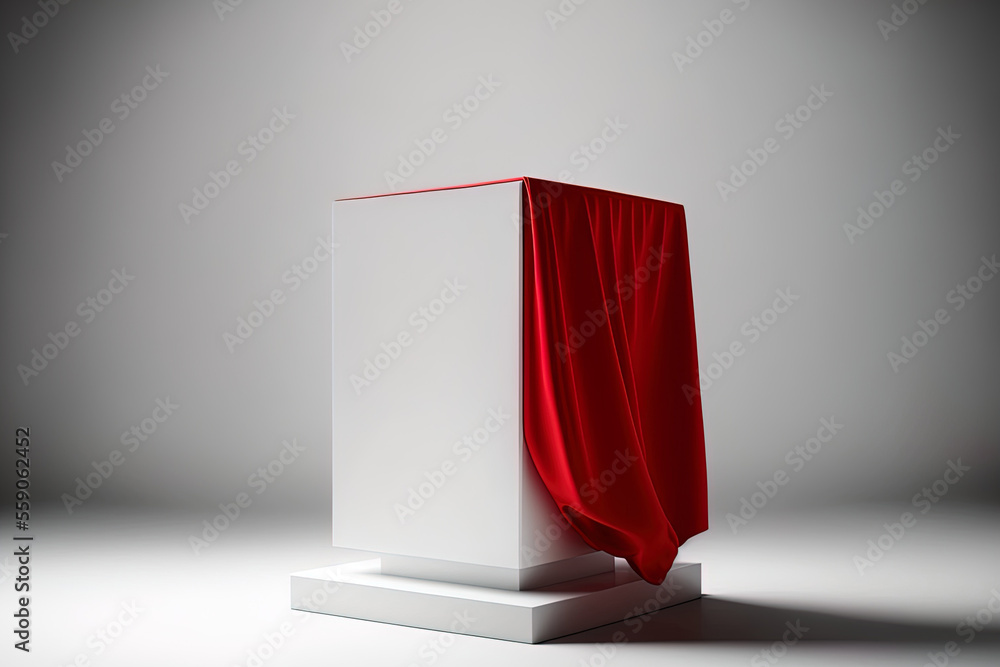 Poster a studio pedestal with a white backdrop and a web banner or template wrapped in a plush red fabric. 