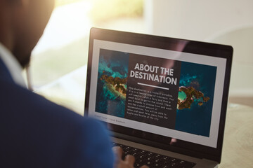 Laptop screen, travel website and businessman reading search information on vacation planning, marketing or online application. Black man, ux web design for contact us, booking faq or about us page