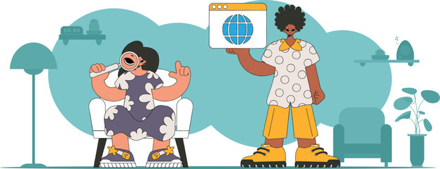 The guy and the girl are looking for information. Marketing materials.