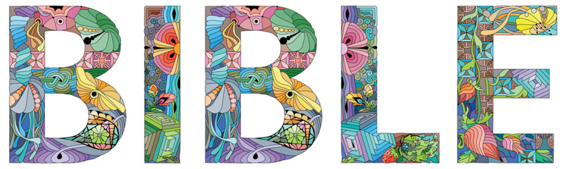 BIBLE in the style of abstract hand drawing. Letters with ornament