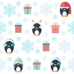 Seamless pattern with penguins in hats ,gift boxes and snoflakes