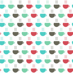 Seamless pattern with coffee cups in blue, green, red and brown colors