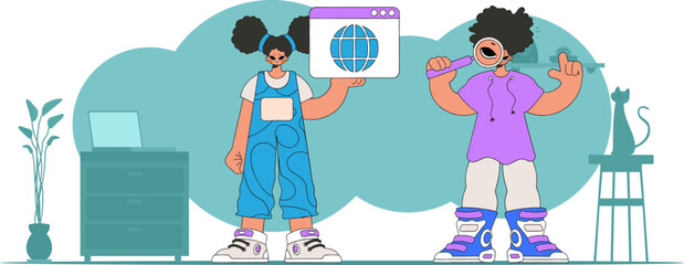 A bright and stylish illustration of a girl and a guy help to find information on the Internet. Material for educational content. Perfect for adding a modern and tech touch to your project.