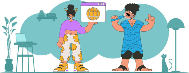A bright and stylish illustration of a girl and a guy help to find information on the Internet. Modern character style. Perfect for adding a modern and tech touch to your project.