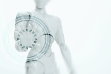 Blurred White Robotic Man with Hand Touching on Motion Hi Tech Circle Interface HUD, Suitable for Technology Concept.