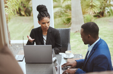Business people, businessman and black woman in meeting on terrace, backyard and finance goal on...