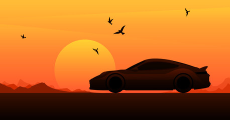 Fototapeta na wymiar Vector sportcar silhouette on desert sunset landscape. Beautiful car poster. Modern speed car side view, background. Racing club wallpaper. Red sun in California highway. American style drive auto
