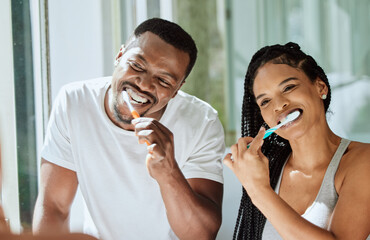 Black couple, brushing teeth and dental cleaning in bathroom together for grooming hygiene, beauty wellness and healthcare with toothbrush. African man, woman and happy oral care morning routine - Powered by Adobe
