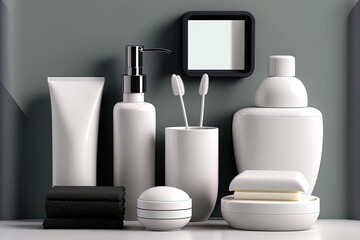 Fototapeta na wymiar Set of contemporary toiletries and bathroom accessories. Generative AI