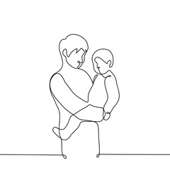 adult man holds a baby in his arms and looks at him - one line drawing vector. concept parenthood, custody, love for children, babysitting