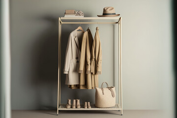 Shelf on a white backdrop, clothes on a grungy background. pastel beige clothing collection arranged on a rack. shop and bedroom idea. Generative AI