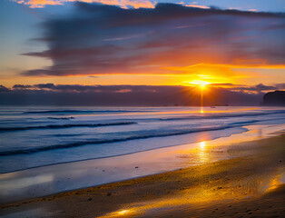 Fototapeta premium sunset on the beach, sunrise, morning, orange sky and sea