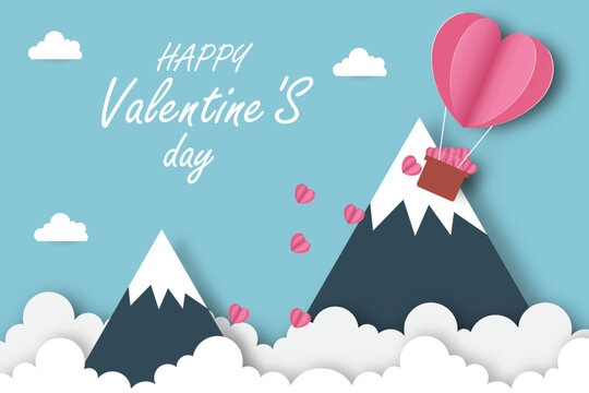 heart balloon flying on the sky, origami and valentine's day concept, Paper art vector illustration. © Background_GG