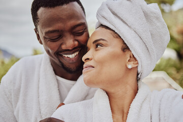 Spa, wellness and relax with a black couple in a health center or luxury resort for romance and...