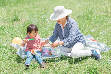 公園でピクニックしてシャボン玉する孫と高齢者女性
