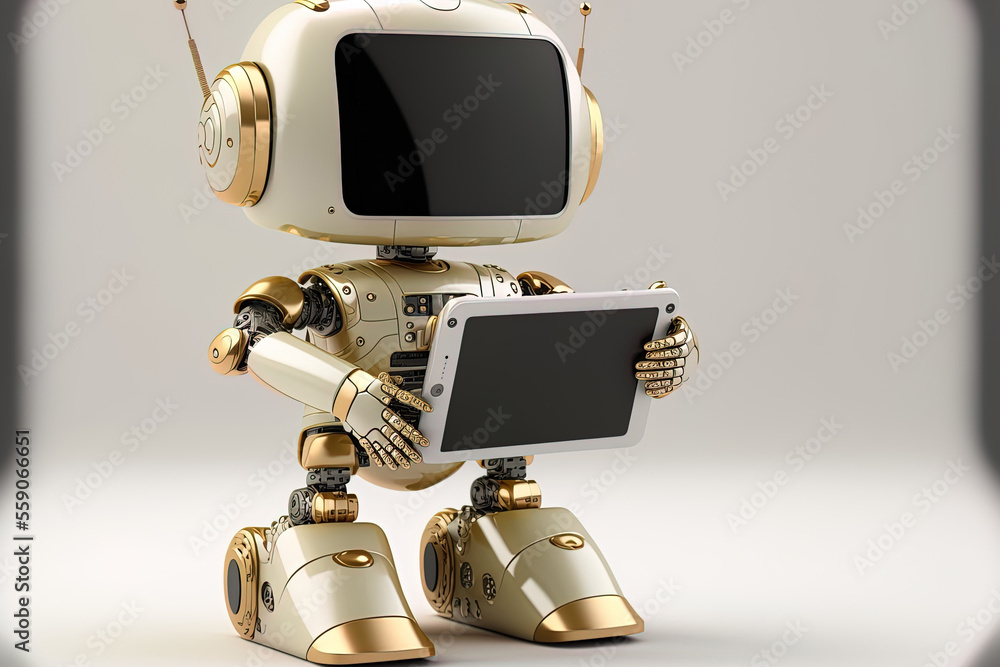 Poster charming helper artificial intelligence robot without a limb and a blank tablet screen. generative a
