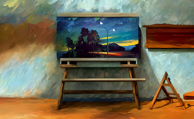 An easel with a painting of an evening landscape stands against the wall