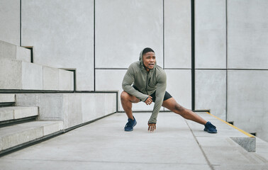 Stretching, black man in the city for fitness, body training and morning motivation in New Zealand....