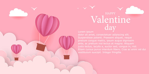 illustration of love and valentine day with heart baloon,floating in cloud Paper cut style. Vector