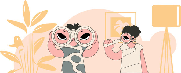 Attractive group of HR people using binoculars and magnifier. HR theme.